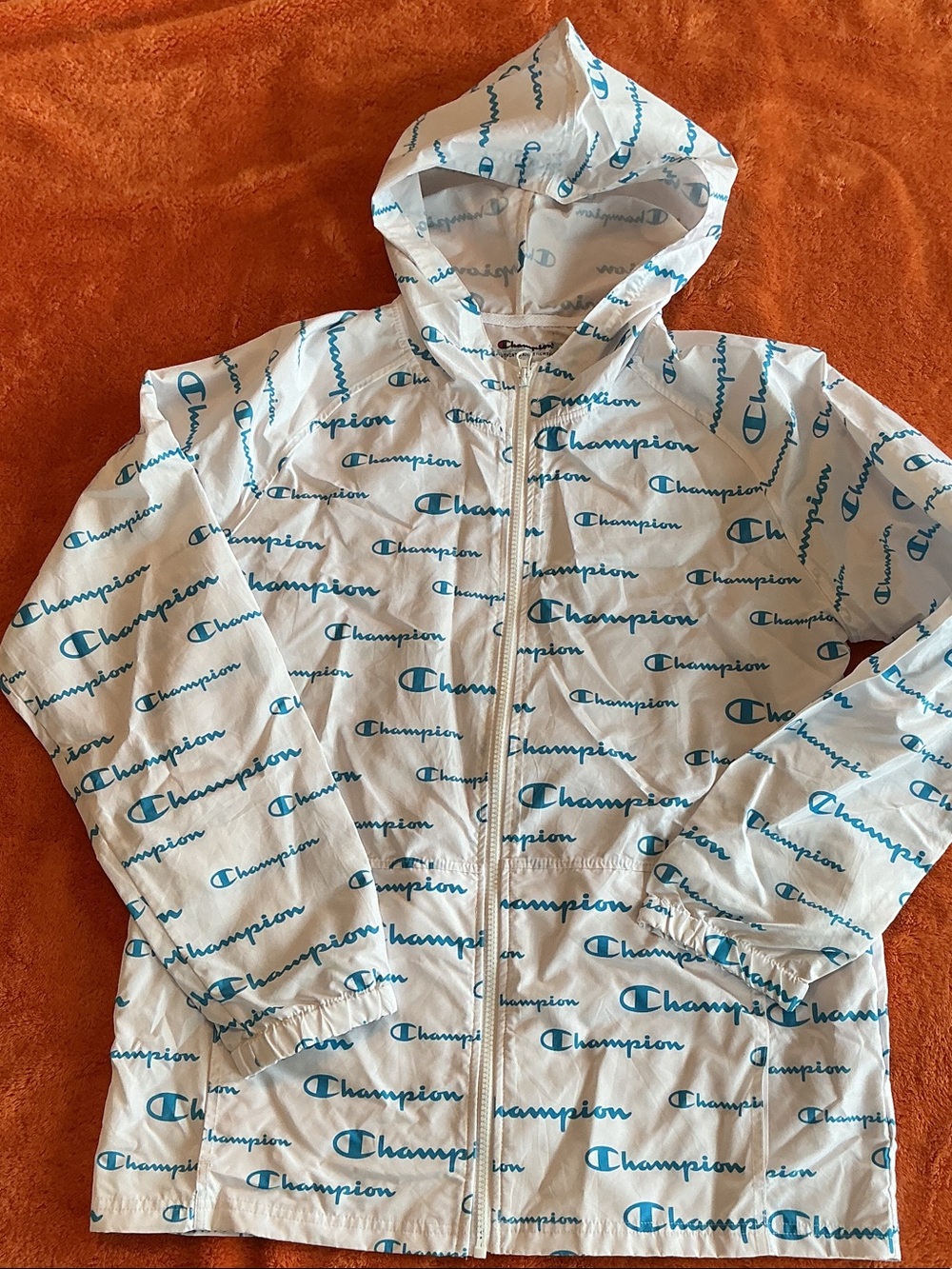 Champion White Hooded Zip Jacket with Blue Logo Print